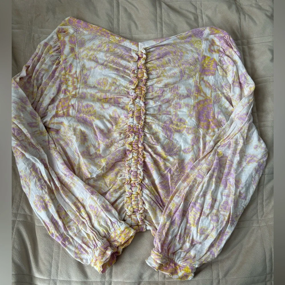 Free People Cream and Pink Floral Ruched Blouse - Picture 5 of 6